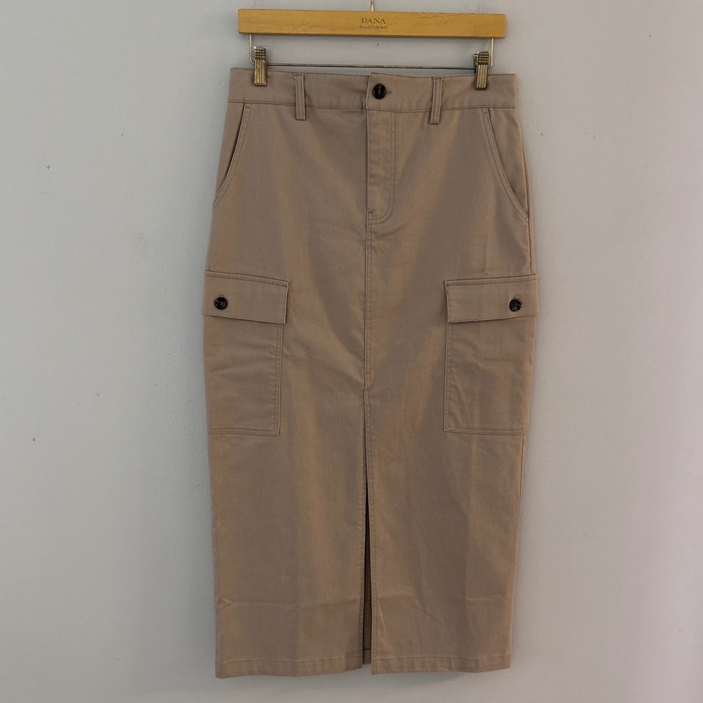 Jason Wu Women SmallTan Khaki Dual‎ Cargo Midi Skirt Front Slit Zip Up
